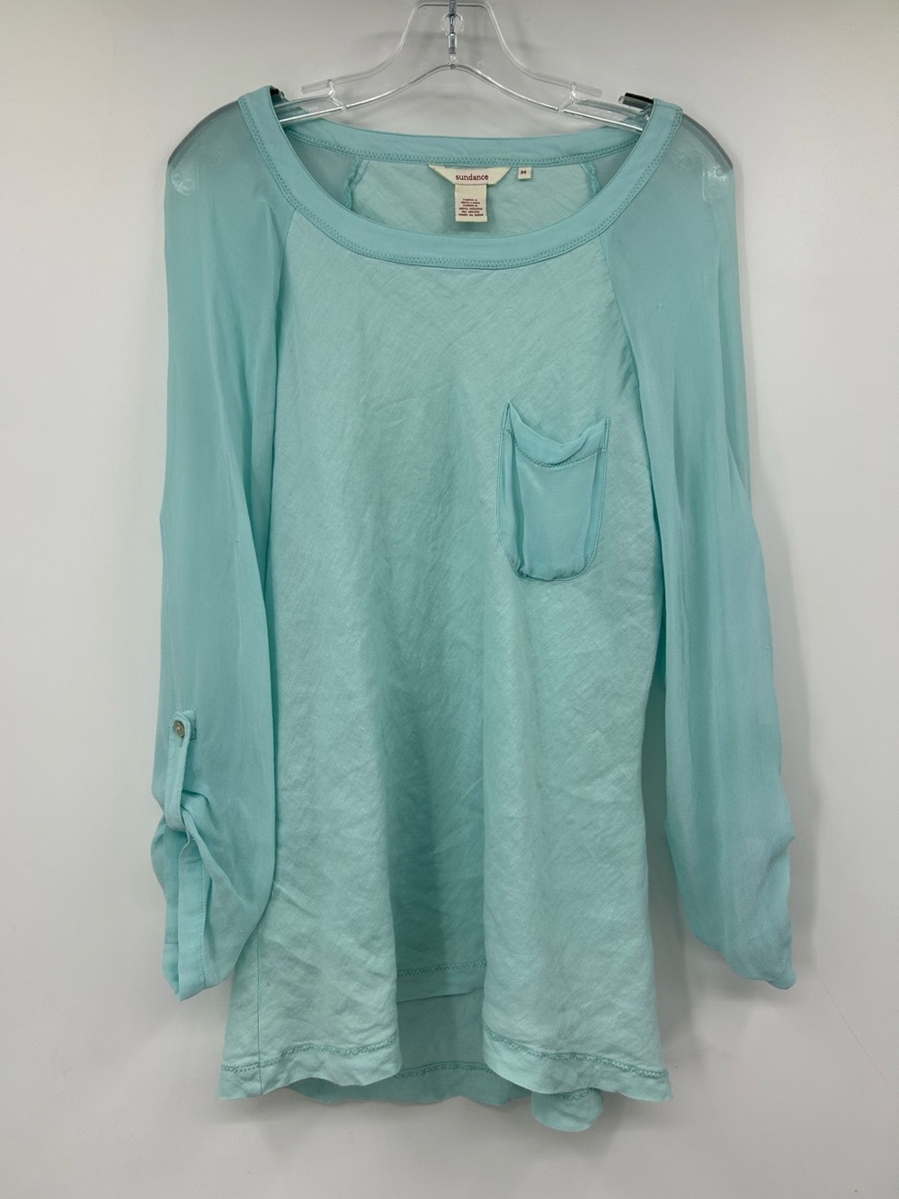 Sundance Women's Light Aqua Linen Long-Sleeve Sheer Shirt Size M
